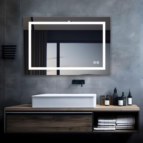 MIQU LED Badspiegel mit Beleuchtung 90x60 cm Badezimmerspiegel Bad Groß Spiegel mit Steckdose Touch Dimmbar Warm / Weiß Front Licht Beschlagfrei Wandspiegel für Badezimme (1/5)