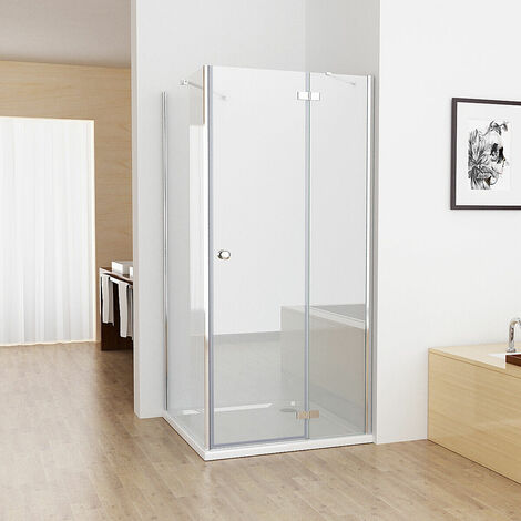 MIQU Duschkabine Eckeinstieg 80x90 cm Dusche Falttür 80 mit Seitenwand 90 ESG Glas 195cm mit Duschwanne