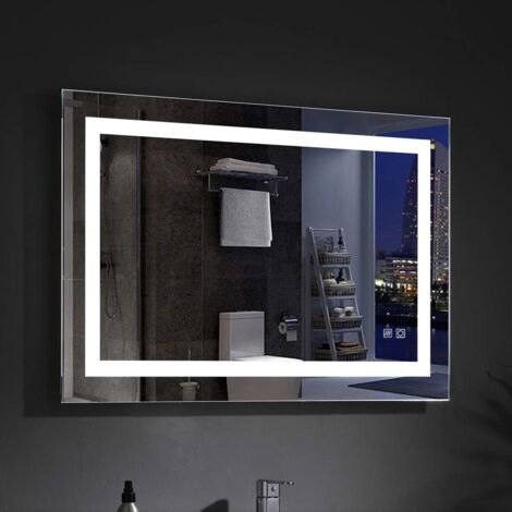 MIQU Badspiegel LED 100x70 cm Badezimmerspiegel mit Beleuchtung warmweiß / kaltweiß dimmbar Lichtspiegel Wandspiegel mit Touch + uhr + Vergrößerung + beschlagfrei rechteckig (1/5)