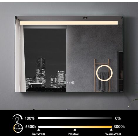 MIQU LED Badkamerspiegel met verlichting, 80 x 60 cm, grote badkamerspiegel met 2 aanraaktoetsen, dimbaar, warm/wit licht, condensvrij, wandspiegel voor badkamer, toilet, hal, ronde hoeken