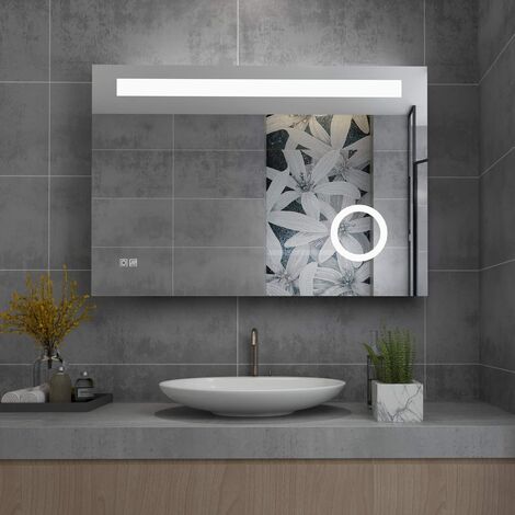 MIQU Badspiegel LED 100x70 cm Badezimmerspiegel mit Beleuchtung warmweiß /  kaltweiß dimmbar Lichtspiegel Wandspiegel mit Touch +Steckdose +  Vergrößerung + beschlagfrei rechteckig