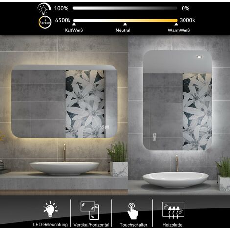 MIQU Badspiegel LED Badezimmerspiegel mit Beleuchtung warmweiß / kaltweiß dimmbar Lichtspiegel großer Wandspiegel für Bad WC