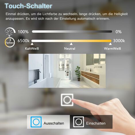 MIQU Badspiegel LED Badezimmerspiegel mit Beleuchtung warmweiß / kaltweiß dimmbar Lichtspiegel großer Wandspiegel für Bad WC