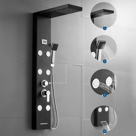 Panneau de Douche hydromassante Noir 4 modes de douche Colonne de douche en Acier Inoxydable Kit Ensemble de Douche cascade avec écran Affichage LCD pour Salle de Bain