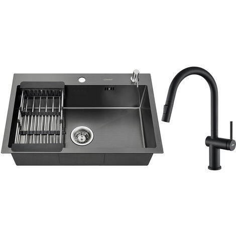 Lonheo Évier Cuisine 1 Bac 68x45x19CM +Robinet de Cuisine avec Douchette Extractible Noir mat Rotatif à 360 ° en Acier Inoxydable  Mitigeur Cuisine d'Évier 2 Fonctions Mélangeur de Cuisine