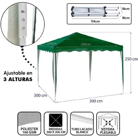 LOLAhome Carpa Cenador Gazebo Plegable 3 x 3 m Verde. Mejores Tubos de Acero de Alta resistencia Plegables, Antiviento, Protección UV, Bolsa de Transporte. para Playa, Camping, Jardín, Terraza