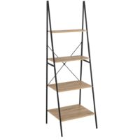 Estantería Escalera de 4 estantes de Acero y Madera MDF Negro y Natural Industrial, de 60x50x180 cm -