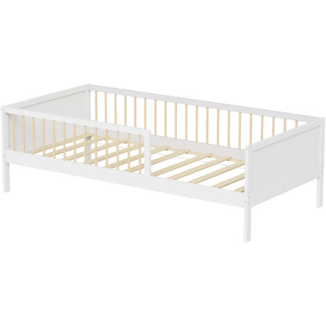 Lit avec barrière Pepito 90x190 cm – Structure en pin naturel – Barrière de sécurité 30 cm – Montage facile et rapide – Minea (1/5)