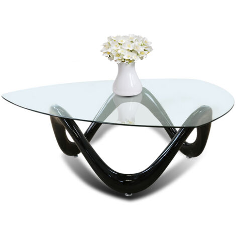 Designetsamaison – Table basse fixe noire ovale en verre trempé 103x103cm – Design moderne avec pied courbé – Pour salon contemporain
