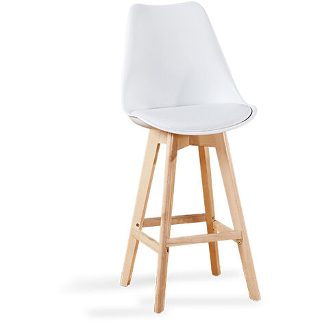 Designetsamaison – Tabouret de bar blanc scandinave 107 cm – Assise en plastique renforcé – Pieds en bois design – Dossier et repose-pied inclus (1/2)
