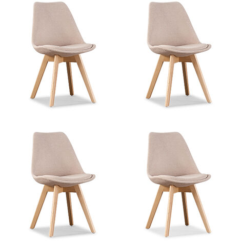 Designetsamaison – Lot de 4 chaises scandinaves en tissu beige – Structure en plastique renforcé – Pieds en bois – Hauteur d'assise 46 cm – Largeur 49 cm (1/2)