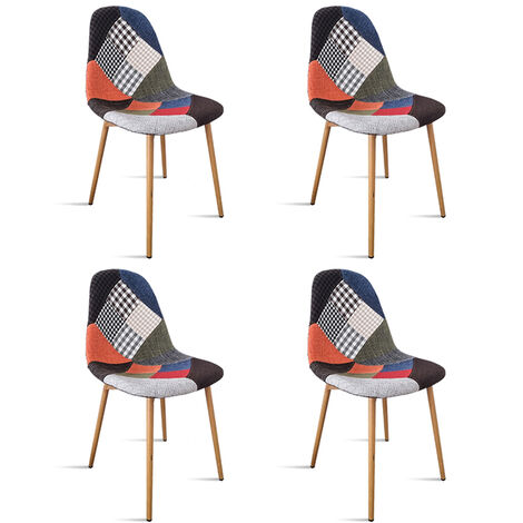 Designetsamaison – Lot de 4 chaises scandinaves tissu patchwork – Structure métal – Hauteur 84 cm – Assise 44 cm – Largeur 46 cm – Pour intérieur moderne (1/5)