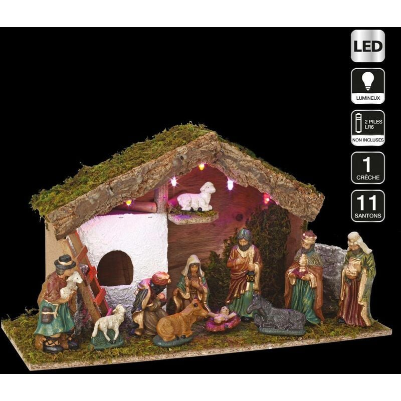 Feeric Christmas Belen de navidad luminoiso porcelana madera multicolor led luz vivero 11 santones cuarto dimensiones 47.2 x 17.5 24.5