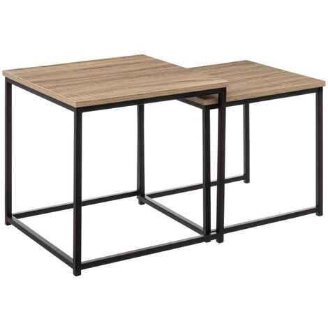 Juego de 2 Mesas Centro Nido Salón Comedor Aliaj 2 Niveles Color Negro y Roble Claro