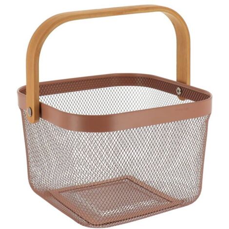 Cesta metálica cuadrada con asa de bambú - caramelo - Tendance