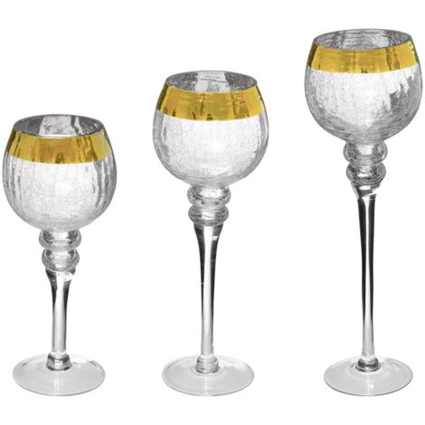 Juego de 3 portavelas de pie con banda de cristal craquelado dorado - Feeric lights & christmas