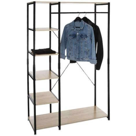 Vestidor Armario Abierto con 5 estantes Aliaj 1 Barra Colgadora Negro y Roble Claro Melamina 100x169 cm (1/5)