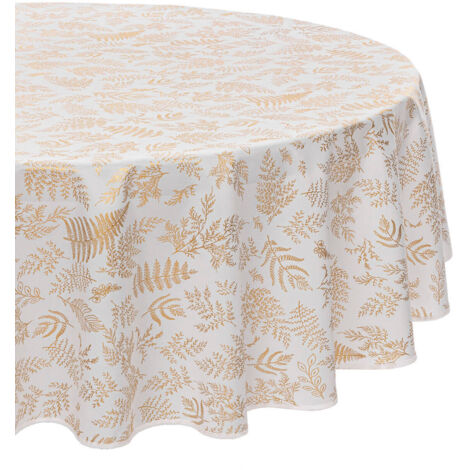 Tischdecke mit Fleckschutz, weiß mit goldenem Muster, rund
