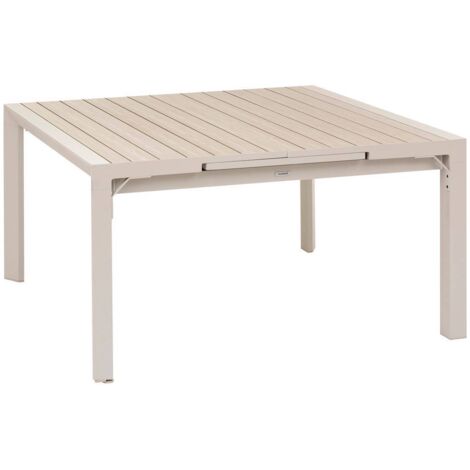 Quadratischer - ausziehbarer Gartentisch ÉVASION Holzeffekt Leinen & Lehmfarben - 10 Plätze - Epoxidbeschichtetes Aluminium