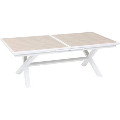 Ausziehbarer Gartentisch AXIOME in Holzoptik Leinen & Weiß - 10 Plätze - Epoxidbeschichtetes Aluminium