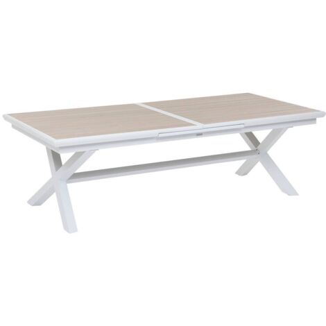 Ausziehbarer Gartentisch AXIOME in Holzoptik Leinen & Weiß - 12 Plätze - Epoxidbeschichtetes Aluminium