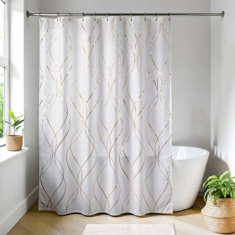 Bedruckter polyester-duschvorhang 180x200 cm + 12 ringe pp weiss - epure gold - Tendance