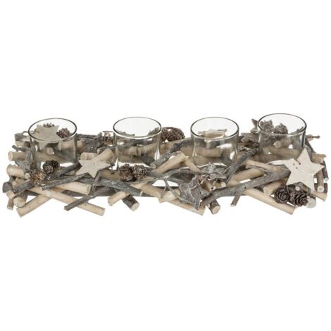 Windlicht Tischmitte buche mit 4 Windlichtern Holz weiß - Atmosphera créateur d'intérieur