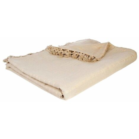 Baumwoll-Tagesdecke in beige mit Fransen 230x250 cm auf dem Sofa