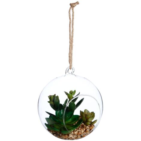 Künstliche Pflanze in Kugel Topf Glas H17cm - Dunkelgrün