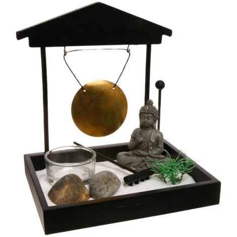Entspannungsset Zen Garten mit Buddha Figur und Gong Teelichthalter schwarz