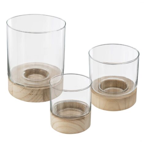 Atmosphera – Teelichthalter-Set aus Ete-Glas mit Holzuntersetzern – 3 verschiedene Größen – für gemütliche Beleuchtung im Innenbereich (1/5)