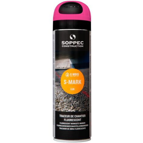 Soppec – Traceur de chantier fluorescent cerise 500 mL – Marquage durable jusqu'à 6 mois – Aérosol pour béton et bitume – Capot de sécurité breveté