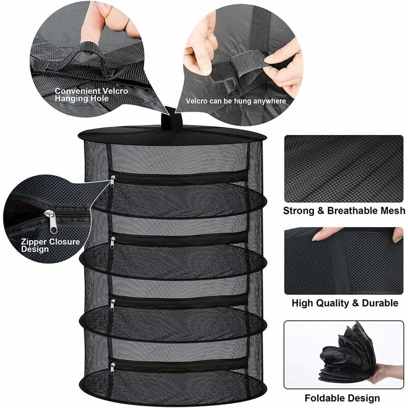 4 Layer Hanging Mesh Dry Herb Dryer Net with Zippers Black