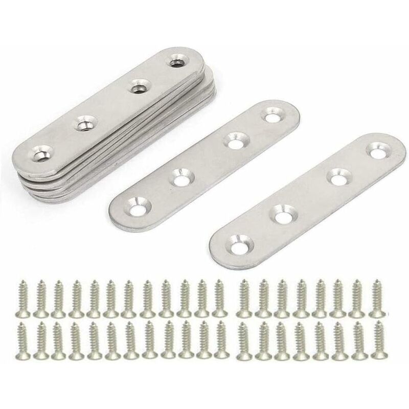 LangRay Stainless Steel Flat Brackets, 10 Pieces Metal Assembly Legs,  Straight Flat Brackets, Metal Plates Flat Corner Brackets, with 40 screws,  for Repair Connection Fixings Furniture