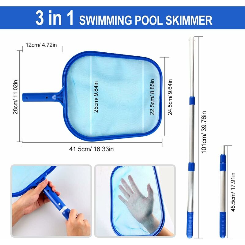 LangRay 3 in 1 Pool Net Kit, Foil Skimmer, Surface Net, Pool Net, Pool  Cleaning Maintenance Kit with Telescopic Pole for Pool, Pond, Fountain, Fish  Tank