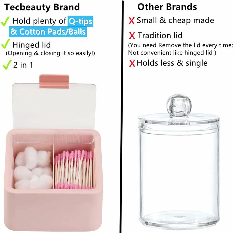 Plastic Cotton Balls Holder Bathroom Storage Qtips Holder Swabs Pads  Dispenser with Hinged Cover Lid, 2 Separates Containers, Pink
