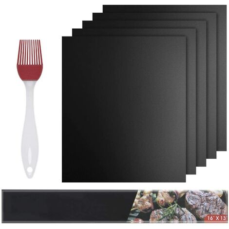 Cooking Mats, Set of 5 BBQ Cooking Mats Silicone Brush Barbecue Oven - 40cm * 33cm - Non-stick Grill Reusable Cooking Mats Gas Barbecue - Noir