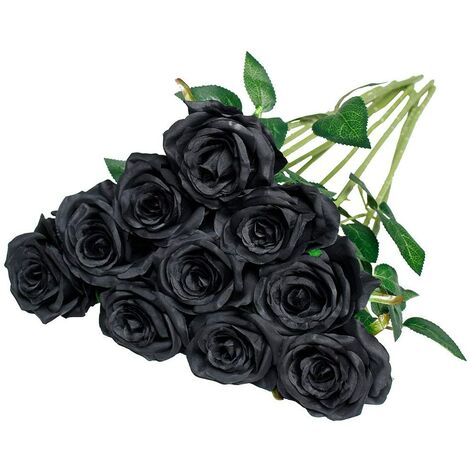 LangRay Artificial Silk Rose Flowers Single Stem Realistic Fake Rose for Wedding Bouquet Flower Arrangements Decoration, 10pcs (Black)