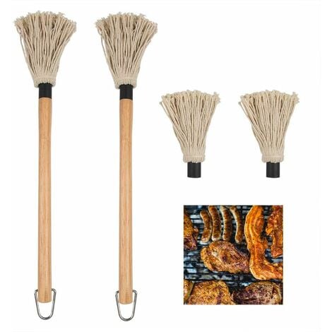 LangRay BBQ Brush Mop Piece, Professional BBQ Sauce Large Mop with Wood Handle, Washable Head with a pack of 2 extra spare heads for cooking, roasting, grilling