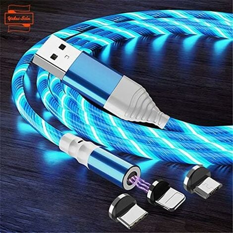 LangRay Magnetic Charging Cable for Micro USB / iOS / Type C 【Fluid LED  Light, 3 in 1】 1M Charger Magnetic Electric Wire 360 Rotary USB with LED  Light for Phone - 3in1 & Blue