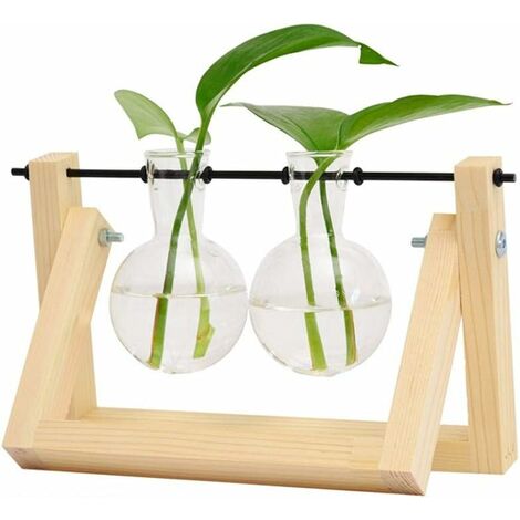 LangRay Desktop Decorations, Plant Bulb Vase with Retro Solid Wood Stand and Rotating Metal Stem Holder for Hydroponic Plants, 8.7 "x 5.5"