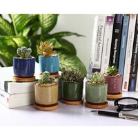 LangRay 6cm Zisha Ceramic Plant Pots with Bamboo Tray - 6 Pack, Succulent Cactus Flower Pot Planter Container