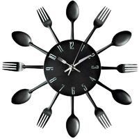 LangRay Kitchen utensil clock in stainless steel - Wall clock for kitchen cutlery with forks, spoons, tinted spatulas Designer kitchen clock with interior and exterior kitchen decoration ��black��