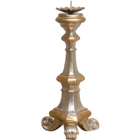 Wooden candelabra 19x40x19 cm Decorated 1-arm floor candle holder Floor candelabra Silver and gold finish