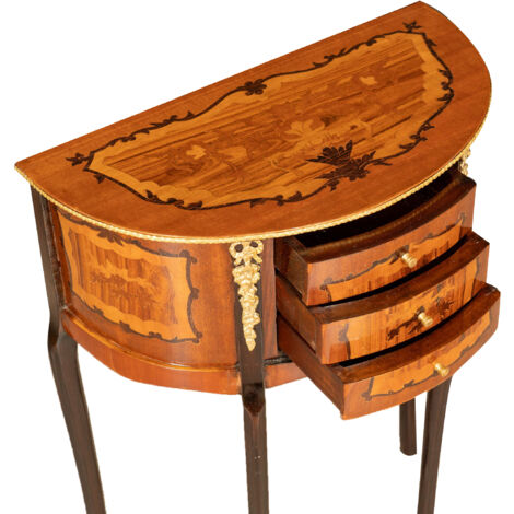 Half-circle coffee table Vintage wooden bedside table High bedside table inlays Retro cabinet 3 drawers Entrance hall bedroom