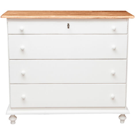 Country-style solid lime wood antiqued white frame nautral finish W114xDP49xH99 cm sized tallboy . Made in Italy