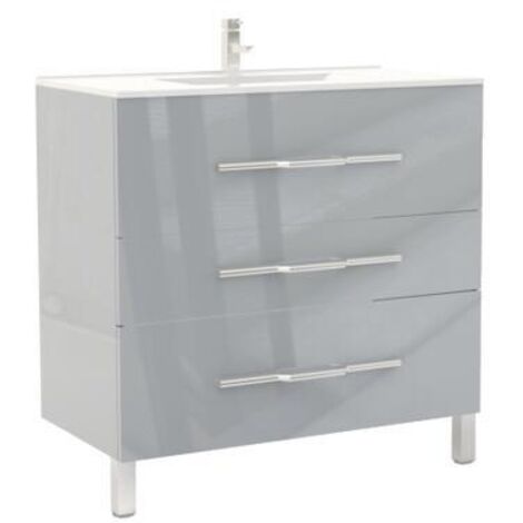 [JAMAIS UTILISE] ONDEE ZEN - Meuble de salle de bain à poser ALAN - L90cm - Gris - Laqué brillant