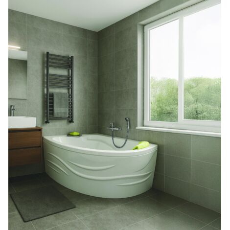 Ondee – Baignoire d'angle gauche 160x90 cm – Tablier motif vague – Acrylique et ABS 3mm – Accoudoirs et appui-tête intégrés – Sécurité antidérapante (1/3)