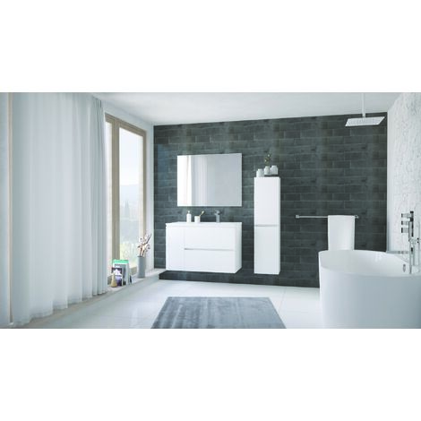 Ondee – Meuble salle de bain suspendu 90cm – 2 tiroirs et 1 porte – Finition blanc mat – Plan vasque céramique extra-plat avec trop plein (1/4)