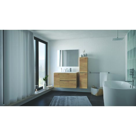 ONDEE ZEN - Meuble de salle de bain suspendu TRENDY - 2 Tiroirs 1 Porte - 90cm - bois mat - vasque
